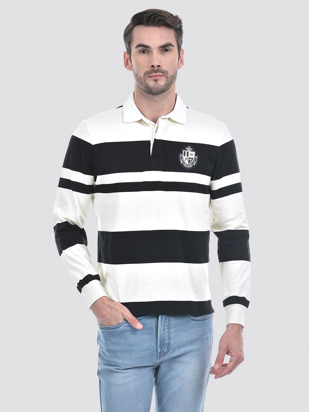 Numero Uno Men Striper Black Polo Neck Sweatshirt